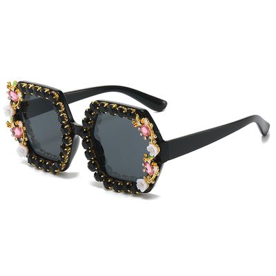 bullabulling Oversized Diamond Sunglasses Women Rhinestone Polygon Sunglasses Vintage Men bling party sunglasses Eyewear (black)