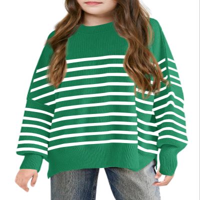 Girls Striped Oversized Sweaters Fashion Batwing Sleeve Side Slit Knit Pullover Clothes 5-14 Years Green