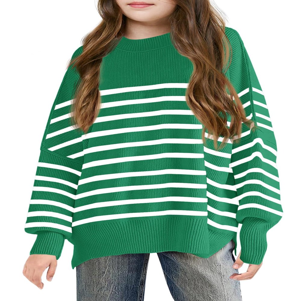 Girls Striped Oversized Sweaters Fashion Batwing Sleeve Side Slit Knit Pullover Clothes 5-14 Years Green