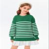 Girls Striped Oversized Sweaters Fashion Batwing Sleeve Side Slit Knit Pullover Clothes 5-14 Years Green view 2