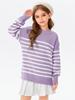 Batermoon Girls Striped Oversized Sweaters Fashion Batwing Sleeve Side Slit Knit Pullover Clothes 5-14 Years Purple view 3