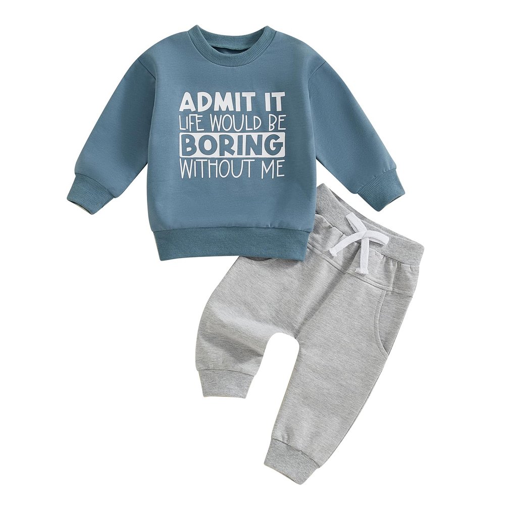 wdehow Infant Toddler Baby Boy 2Pcs Outfits Long Sleeve Letters Print Pullover Tops + Drawstring Pants Set Fall Winter Clothes (A-Blue, 12-18 Months)