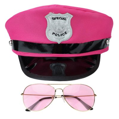 Lorilida Adults Police Hat Captain Hat Glasses Policeman Badge Police Officer Costume for Birthday Party Pink One Size