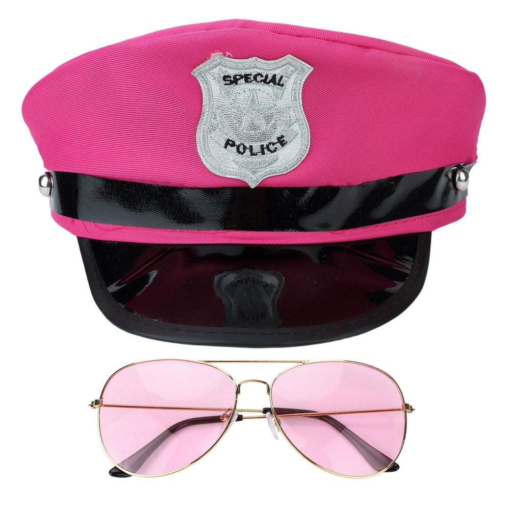 Lorilida Adults Police Hat Captain Hat Glasses Policeman Badge Police Officer Costume for Birthday Party Pink One Size