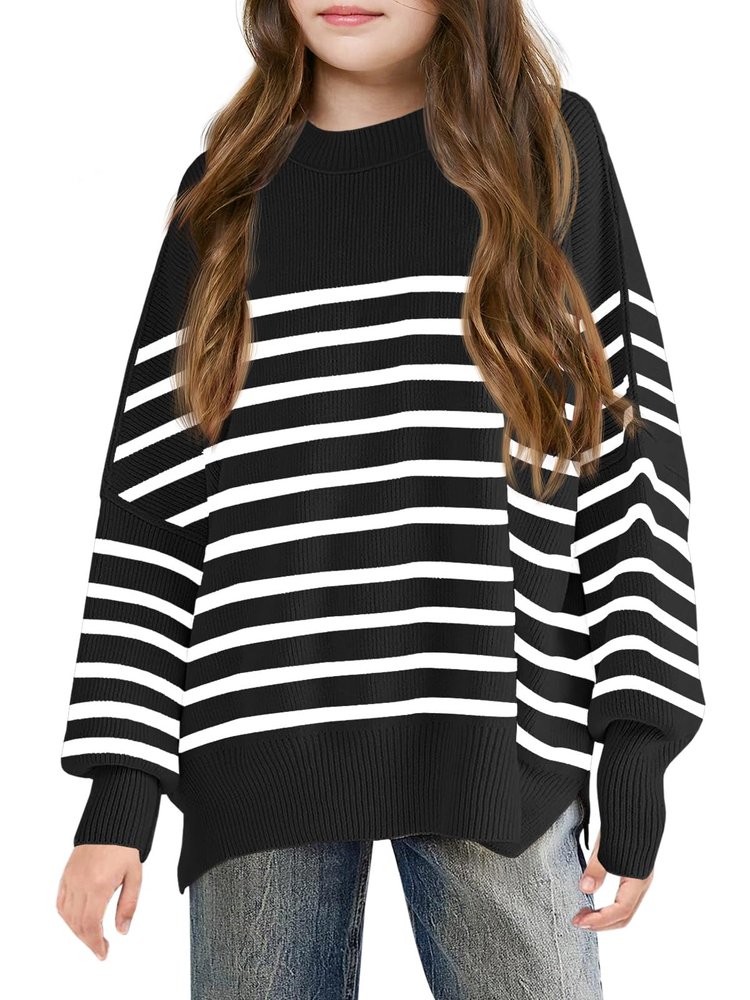 Batermoon Girls Striped Oversized Sweaters Fashion Batwing Sleeve Side Slit Knit Pullover Clothes 5-14 Years Black