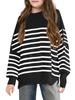 Batermoon Girls Striped Oversized Sweaters Fashion Batwing Sleeve Side Slit Knit Pullover Clothes 5-14 Years Black view 1