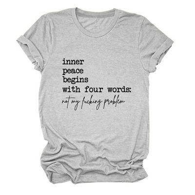 Inner Peace Begins with Four Words T-Shirt for Women Casual Crewneck Funny Printed Tee Tops Sarcastic Graphic Tops