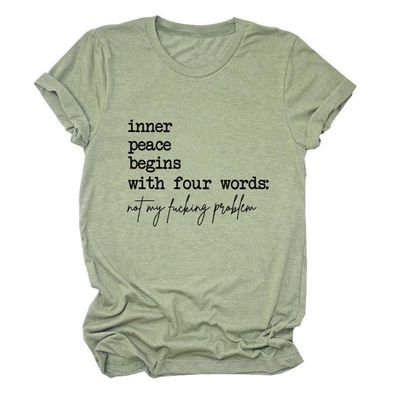 Inner Peace Begins with Four Words T-Shirt for Women Casual Crewneck Funny Printed Tee Tops Sarcastic Graphic Tops