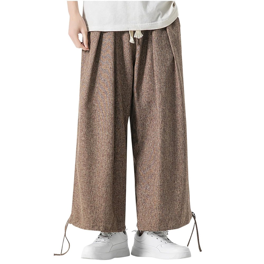 Wide Leg Linen Pants Men Drawstring Palazzo Pants Loose Summer Lounge Pants Casual Outdoor Trousers with Pockets Coffee