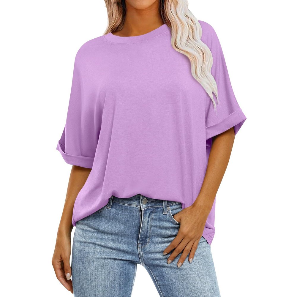 Elbow Length Tops for Women Oversized Striped Shirts Casual Crew Neck Half Sleeve Tunic Tops Womens Blouses Summer Tops for Women 2024 Oversized Tshirts for Women, Purple, Large