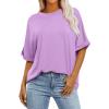 Elbow Length Tops for Women Oversized Striped Shirts Casual Crew Neck Half Sleeve Tunic Tops Womens Blouses Summer Tops for Women 2024 Oversized Tshirts for Women, Purple, Large view 1