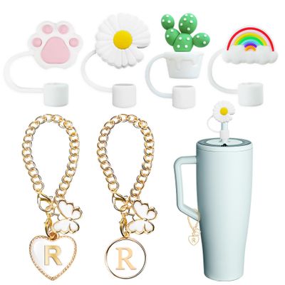 Compatible with Brumate Era Cup Accessories, 4PCS 12mm Cute Straw Cover Cap for Brumate Era Straw Toppers, 2PCS Butterfly Letter Charms for Brumate Cups 30&40 Oz with Handle(R)