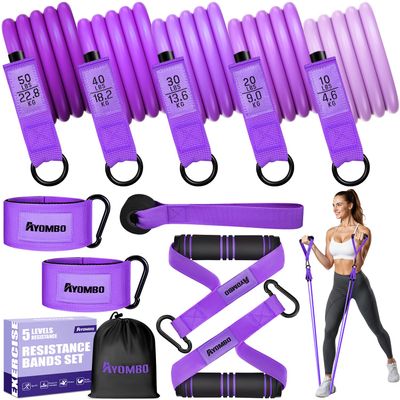 Ayombo Resistance Bands with Handles for Women, Exercise Bands Set for Physical Therapy Yoga Pilates, 5 Level Workout Bands for Working Out with Door Anchor, Home Gym Fitness Equipment