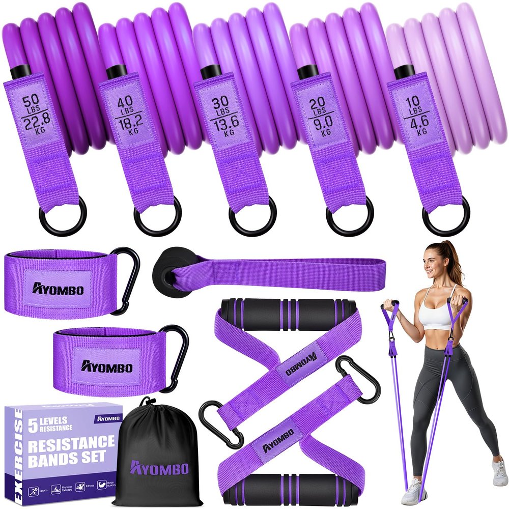 Ayombo Resistance Bands with Handles for Women, Exercise Bands Set for Physical Therapy Yoga Pilates, 5 Level Workout Bands for Working Out with Door Anchor, Home Gym Fitness Equipment