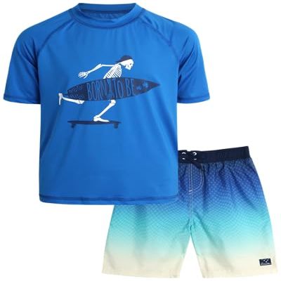 Big Chill Boys Swim Set - 2 Piece Quick Dry UPF50+ Protection Kids Rash Guard Short Sleeve Swim Shirt and Swimming Trunks, Size 4, Blue Skeleton