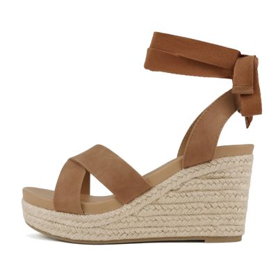 Soda Donnie ~ Women Open Round Toe Crisscross Band Low Heel Espadrille Wedge Sandal with Adjustable Ankle Strap (Tan Nubuck, us_footwear_size_system, adult, numeric, medium, 8.5)