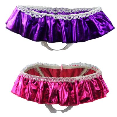 ALEPXS Safety Certification Mens Panties Sissy Lingerie 2 Pack Shiny Satin Ruffled Bloomer Tiered Skirted Panties for Crossdress(Color:Pink Purple)
