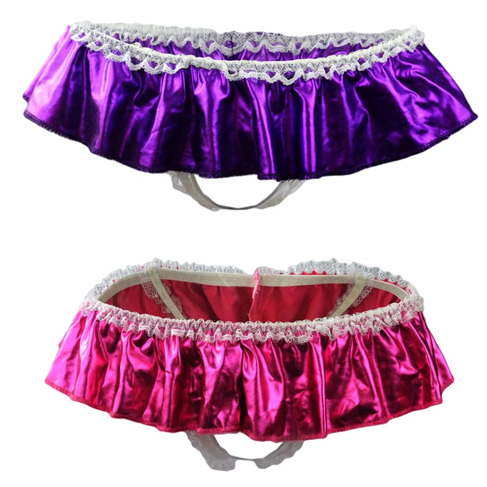 ALEPXS Safety Certification Mens Panties Sissy Lingerie 2 Pack Shiny Satin Ruffled Bloomer Tiered Skirted Panties for Crossdress(Color:Pink Purple)