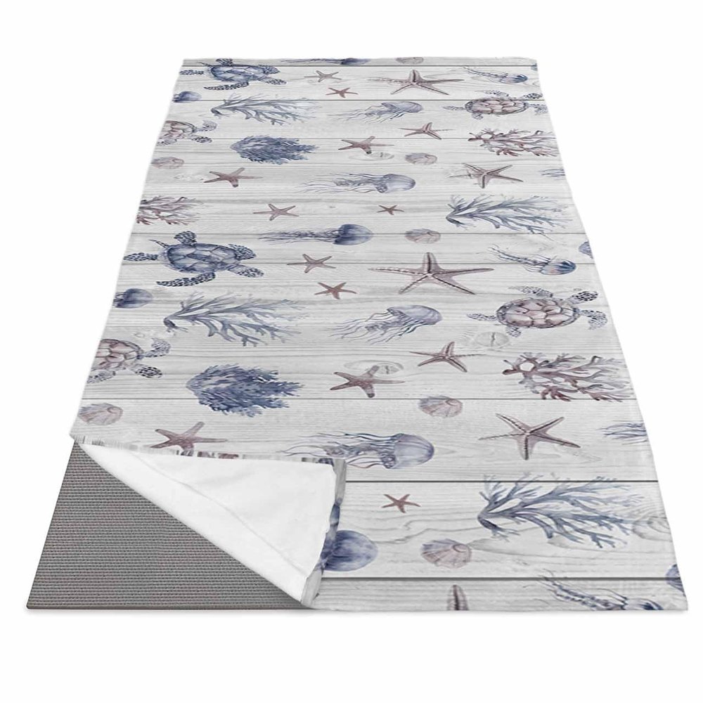 Coastal Starfish Yoga Mat Towel with Corner Pockets for Hot Yoga Non Slip,Absorbent Yoga Blankets Soft Gym Sweat Working Out Fitness Pilates Towels 70"x26" Ocean Turtle Seashells Jellyfish Wood Grain