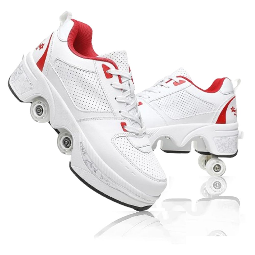 Roller Skates for Girls Double-Row Retractable Roller Shoes with Wheels Sneakers with Wheels Indoor Outdoor Roller Skating Shoes for Women (White Red, US 8)
