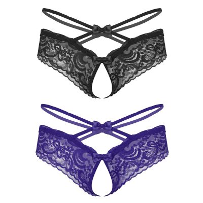 ALEPXS Safety Certification Sissy Clothes for Crossdressers 2 Pack Sexy Breathable Printed Underwear Lace Pouch Panties(Color:Black Purple)