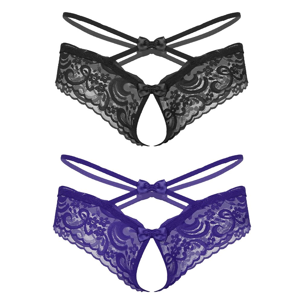 ALEPXS Safety Certification Sissy Clothes for Crossdressers 2 Pack Sexy Breathable Printed Underwear Lace Pouch Panties(Color:Black Purple)