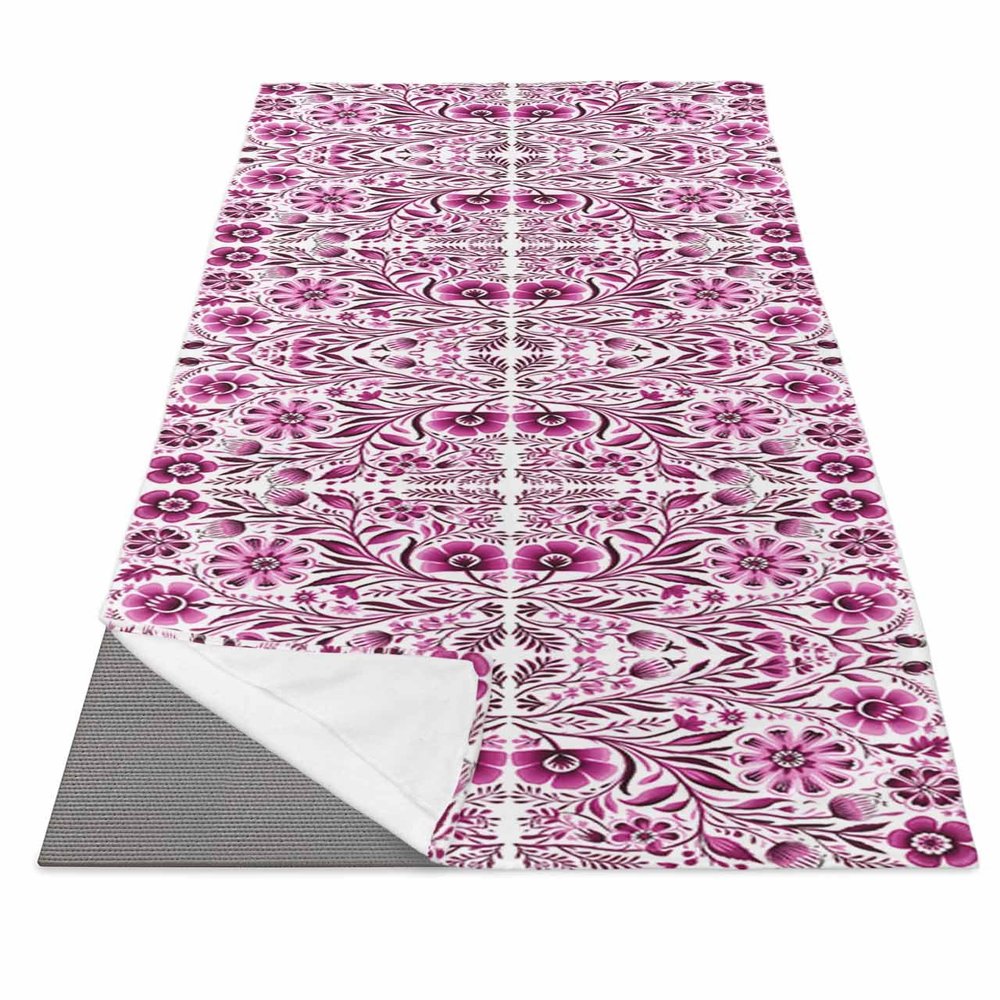 Boho Pink Flower Yoga Mat Towel with Corner Pockets for Hot Yoga Non Slip,Absorbent Yoga Blankets Soft Gym Sweat Working Out Fitness Pilates Towels 70"x26" Spring Leaves Modern Minimalist White