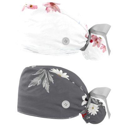 2 Packed Peach Flowers Branch Scrub caps Women Chef hat Surgical Bouffant caps for Women for Kitchen