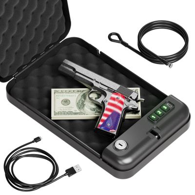 Grimtron Portable Pistol Safes  Electronic Lock Box & Key Access, Silent Mode, Compact Car Gun Safe for Handgun, Small Single Safe for Travel, Office, Dorm Use