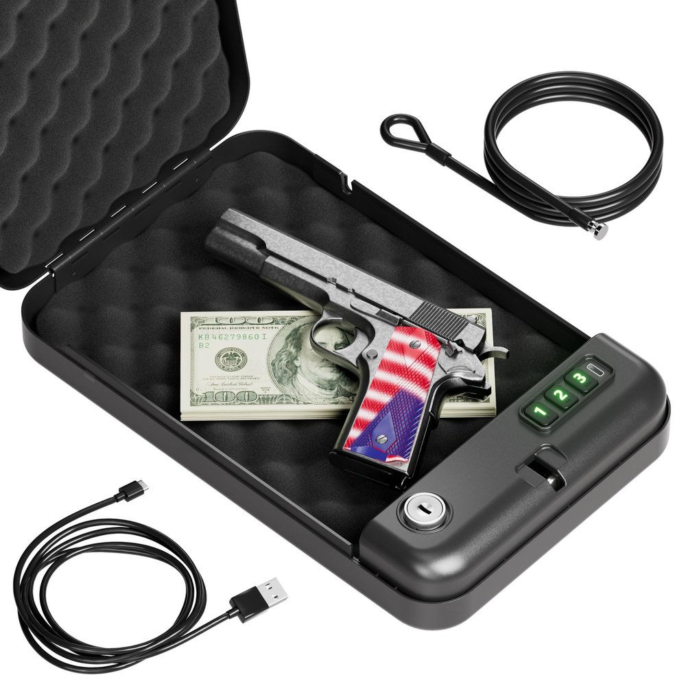 Grimtron Portable Pistol Safes Electronic Lock Box & Key Access, Silent Mode, Compact Car Gun Safe for Handgun, Small Single Safe for Travel, Office, Dorm Use