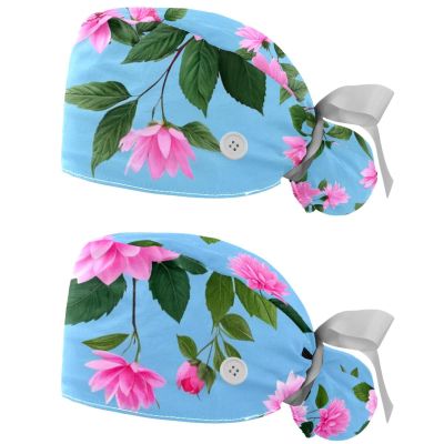 2 Packed Lilac Flowers Buds Green Leaves Scrub caps Women Scrub caps Women Satin Lined Scrub caps Surgical Women for Kitchen