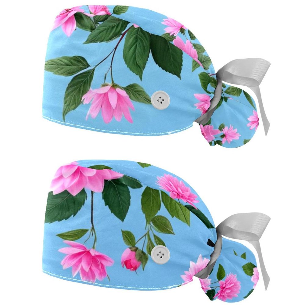 2 Packed Lilac Flowers Buds Green Leaves Scrub caps Women Scrub caps Women Satin Lined Scrub caps Surgical Women for Kitchen