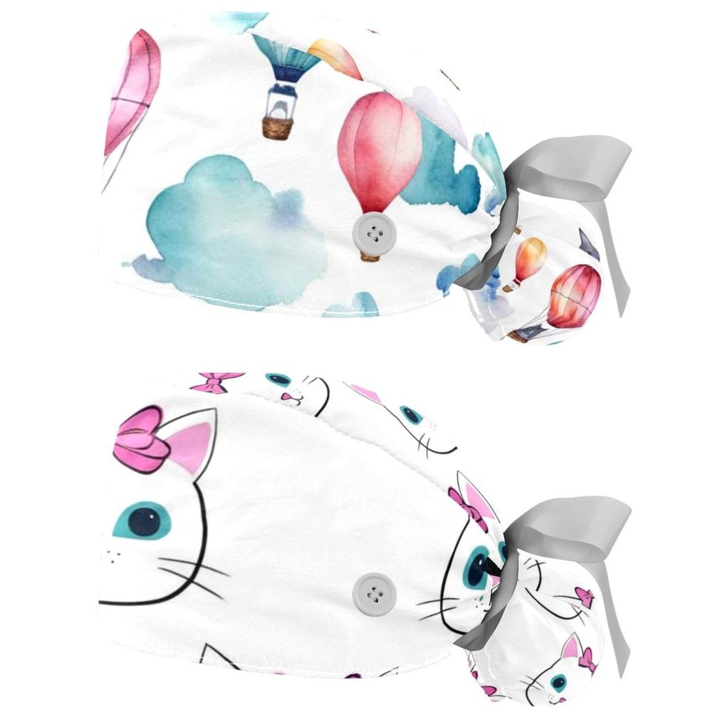 2 Packed Cartoon Airplane Balloon Sky cat Scrub caps Women Men's Scrub Cap Surgical caps for Home