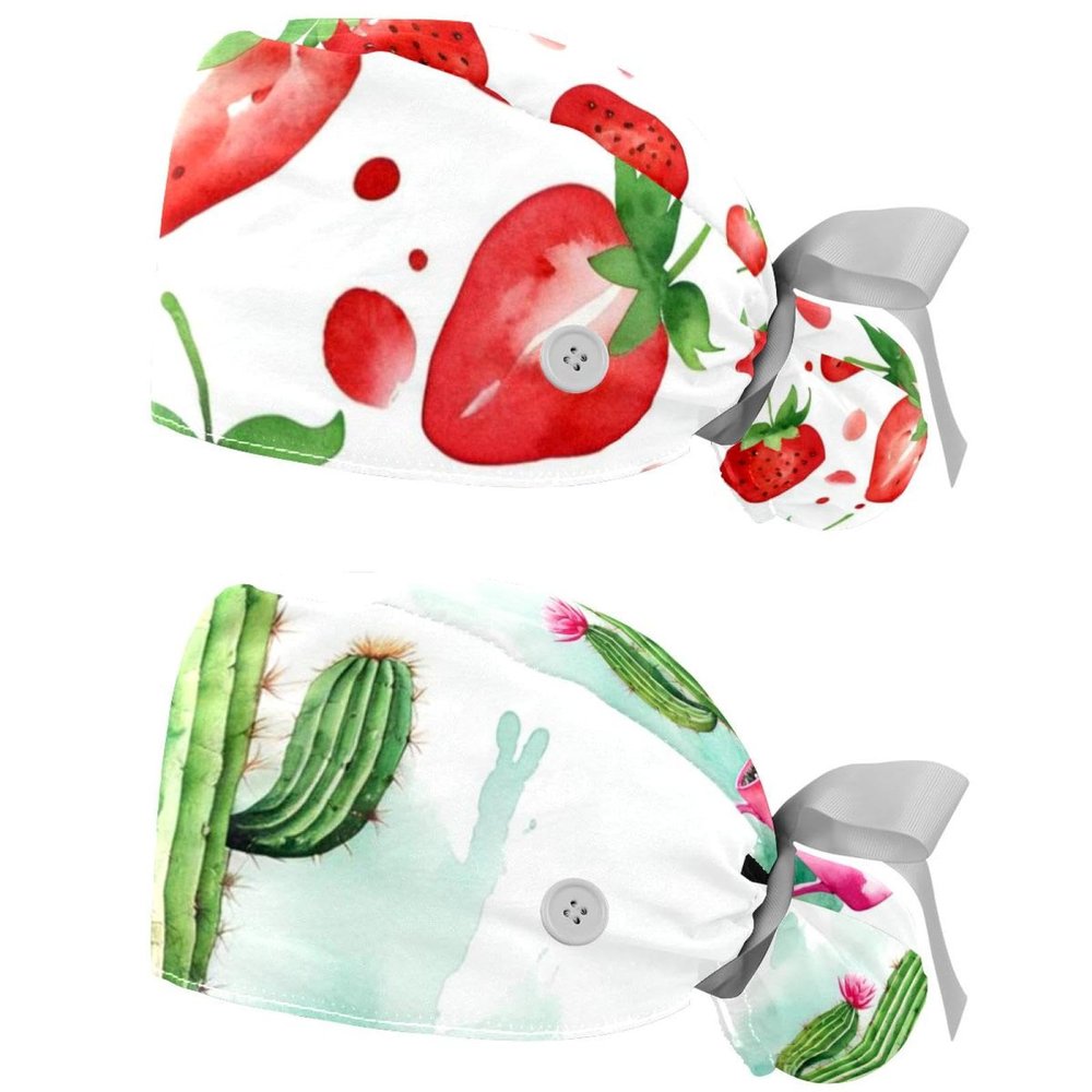 2 Packed Strawberry Fruit Watercolor Scrub caps Women Scrub caps Women Satin Lined Surgeon caps for Kitchen