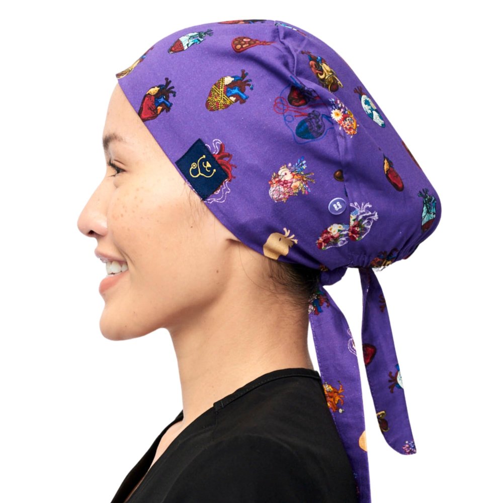 Scrub Caps for Women & Men - Tie Back & Ponytail Hat - Washable & Breathable Material - Surgical Cap for Nurse, Doctor, Vet (US, Alpha, One Size, Tie Back, 15 Hearts)