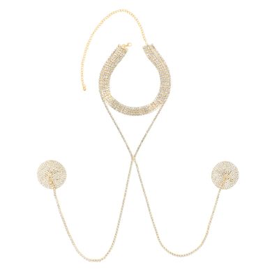 Nipple Cover Stickers Sexy Body Chain Necklace Jewelry for Women Non Piercing Rhinestone Sparkly Round Shape Adjustable Choker