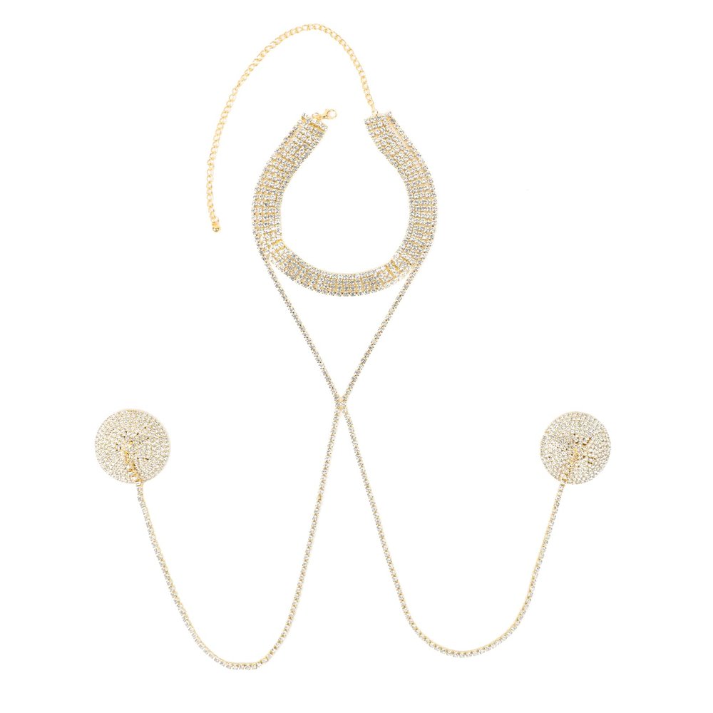 Nipple Cover Stickers Sexy Body Chain Necklace Jewelry for Women Non Piercing Rhinestone Sparkly Round Shape Adjustable Choker