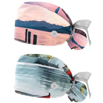 2 Packed Lake Jetty Sunset Scrub caps Women Scrub Cap Surgical Scrub Cap for Nurse