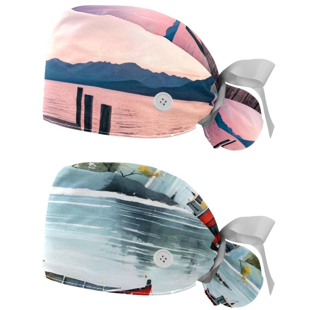 2 Packed Lake Jetty Sunset Scrub caps Women Scrub Cap Surgical Scrub Cap for Nurse