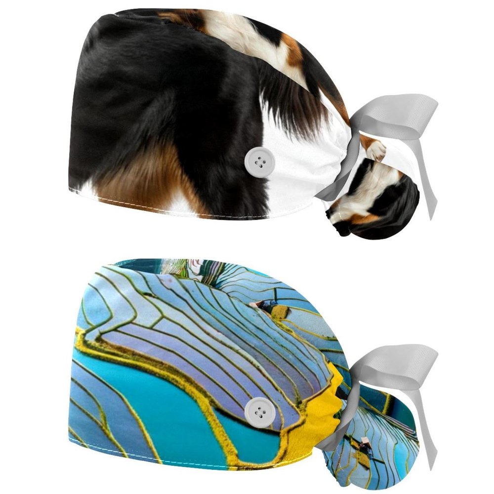 2 Packed Bernese Mountain Dog Scrub caps Women Chef hat Nursing Hats for Women for The Surgeon