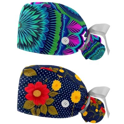 2 Packed Floral cicle Shapes Mandala Scrub caps Women Scrub Cap Men Nursing Hats for Women for Nurse