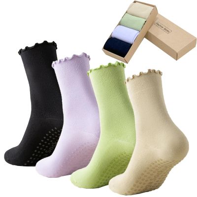 ANIDL 4 Pairs Ruffle Yoga Socks for Women,Cute Frilly Non-Slip Grips Socks for Pilates,Fitness,Hospital,Pregnant (Cotton, Color-01-Black purple green skin tone)