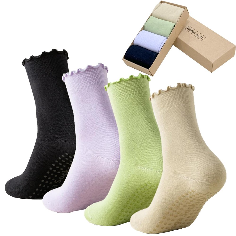 ANIDL 4 Pairs Ruffle Yoga Socks for Women,Cute Frilly Non-Slip Grips Socks for Pilates,Fitness,Hospital,Pregnant (Cotton, Color-01-Black purple green skin tone)