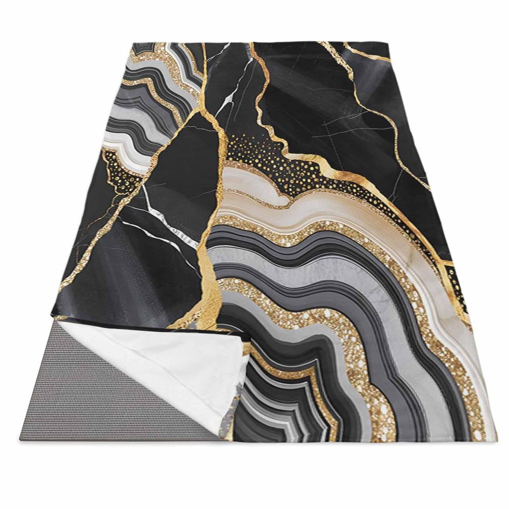 Abstract Marble Yoga Mat Towel with Corner Pockets for Hot Yoga Non Slip,Absorbent Yoga Blankets Soft Gym Sweat Working Out Fitness Pilates Towels 70"x26" ContemporaryGeometric Black Grey Gold