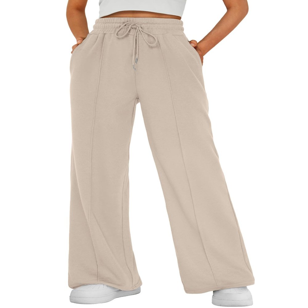 AUTOMET Womens Wide Leg Sweatpants Flare Lightweight Baggy Straight Leg Pants Oversized Joggers Fall Fashion 2025 Beige M