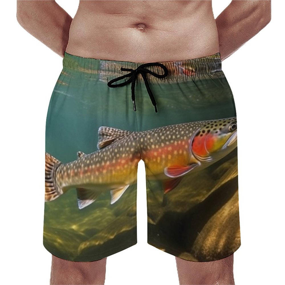 Men's Swim Trunks Brook Trout Fly Fishing Beach Shorts Quick Dry Summer Bathing Suit Swimwear Beachwear with Pockets