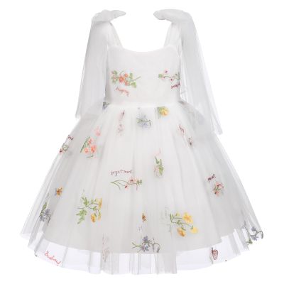 ABEHIK Little Girls Dresses Flower Girl Dress Toddler Sleeveless Spaghetti Straps Backless Floral Embroidered Princess Dress Summer Wedding Birthday Party Fairy Tulle Tutu Dress White 6-12M