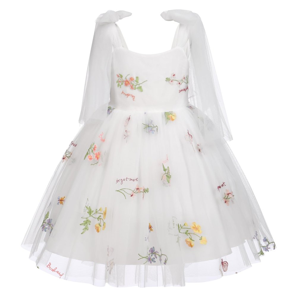 ABEHIK Little Girls Dresses Flower Girl Dress Toddler Sleeveless Spaghetti Straps Backless Floral Embroidered Princess Dress Summer Wedding Birthday Party Fairy Tulle Tutu Dress White 6-12M