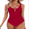 BMJL Women's Tummy Control Swimsuits Ruched Slimming One Piece Bathing Suit Deep V Neck Swimsuit(S,Red) view 1