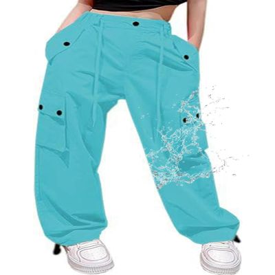 Cromoncent Girls High Waist Parachute Pants Y2K Cargo Trousers with Pockets, Lake Blue, 13-14 Years = Tag 170